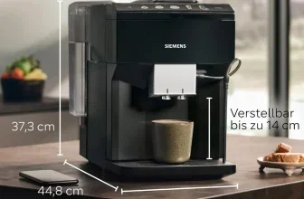 Schwarzer Siemens Kaffeevollautomat mit Maßangaben für Höhe, Breite und Tiefe sowie Bohnen- und Wasservolumen