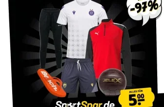 Kollage aus Sportbekleidung, Flip-Flops und Ball mit Preisschildern von SportSpar.de