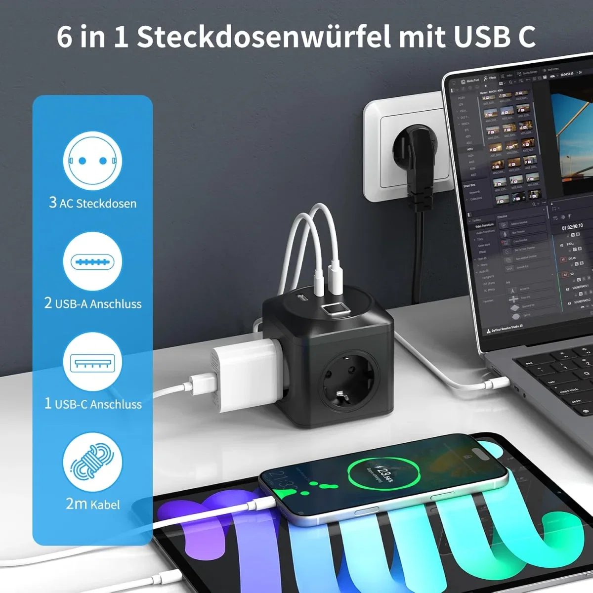 Steckdosenwürfel mit USB 6 in 1 Steckdosenleiste (3680 W)