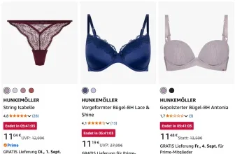 Hunkemöller Sale bei Amazon: Roter String, blauer Bügel-BH und grauer gepolsterter BH mit Preisen