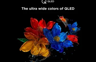 Bunte Blumen und Fisch vor schwarzem Hintergrund mit QLED-Logo