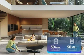 Tineco Floor ONE S7 Stretch Ultra Nass-Trockensauger in modernem Wohnhaus mit 50 Min. Laufzeit