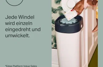 Hand dreht Windel in Tommee Tippee Windeleimer, Text #1 in Europa