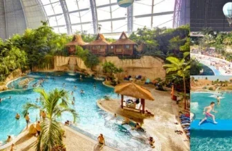 Collage der Tropical Islands: Tropischer Poolbereich unter Kuppel, Heißluftballon und Sunset Sessions Plakat