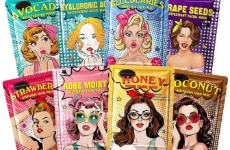 Acht verschiedene Packungen Gesichtsmasken mit Pop-Art-Illustrationen und eine weiße Tuchmaske.