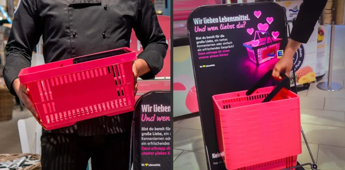 Pinker Einkaufskorb bei Edeka als Flirtkorb für Singles