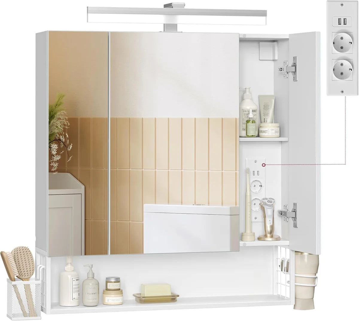 VASAGLE Badezimmer-Spiegelschrank mit LED (Wolkenweiß)