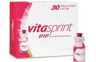 Vitasprint B12 Verpackung mit 30 Fläschchen und einem einzelnen Glasfläschchen mit rotem Verschluss