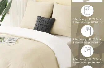 Beige Viviland Bettwäsche im Schlafzimmer mit grauem Kissen und Übersicht der verfügbaren Größen