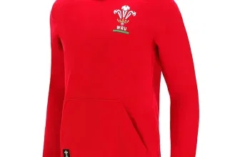 Roter Kinder-Kapuzenpullover mit weißem WRU-Logo und Kängurutasche