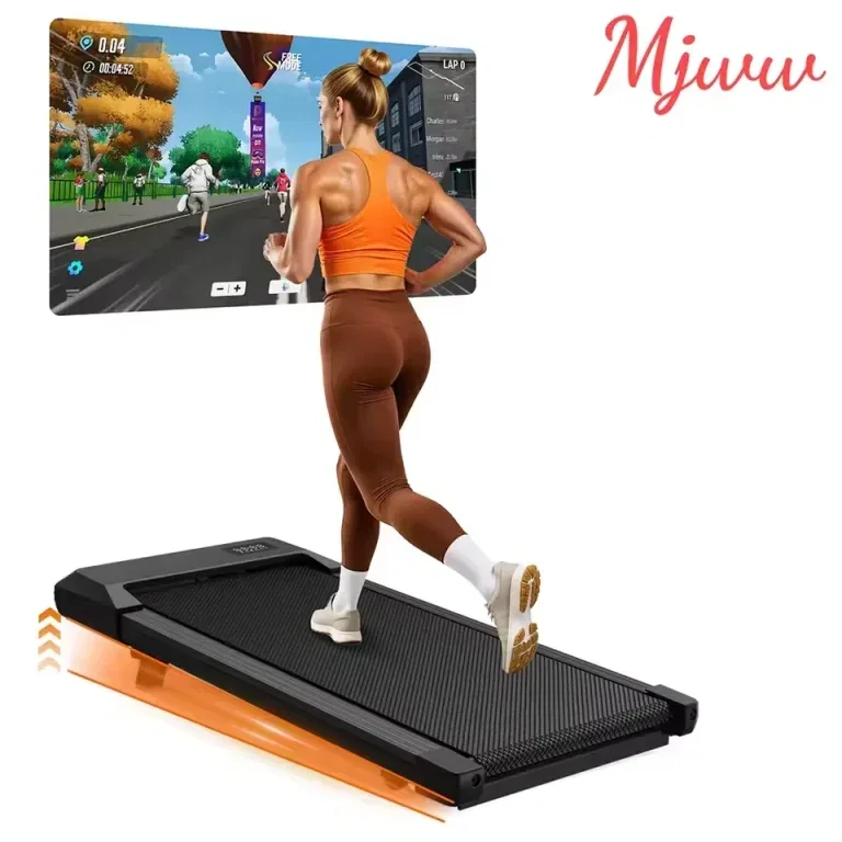 MJWW Klappbares Laufband mit orangefarbenem Stauraum und Frau beim Laufen