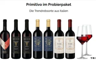 8 Flaschen Primitivo Wein und 2 gefüllte Zwiesel Gläser im Probierpaket