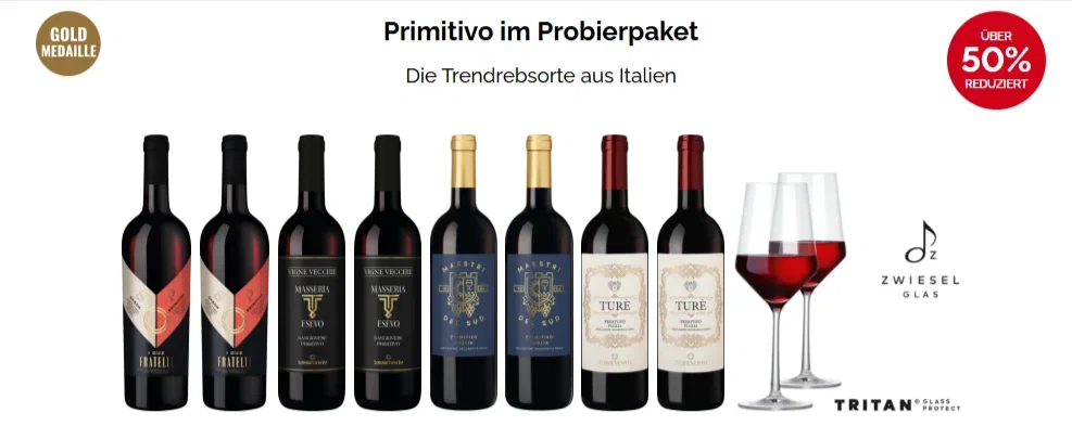 Primitivo-Paket mit 8x Primtivo inkl. 2 Zwiesel Gläsern