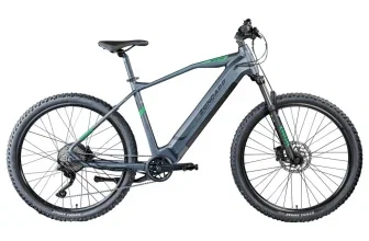 Graues Zündapp E-Mountainbike Z808 mit grünen Akzenten und breiten Reifen auf weißem Hintergrund