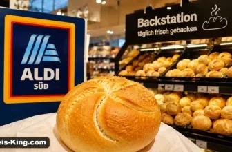 Goldbraunes Weizenbrötchen im Vordergrund vor einem blauen Aldi-Süd-Schild und Regalen mit frischen Backwaren.
