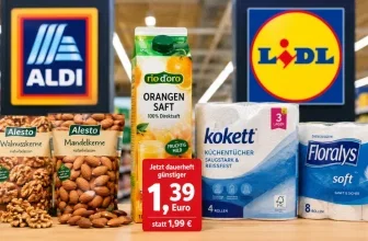Orangensaft, Nüsse und Haushaltspapier in einem Discounter als Symbol für die Preissenkungen bei Aldi und Lidl
