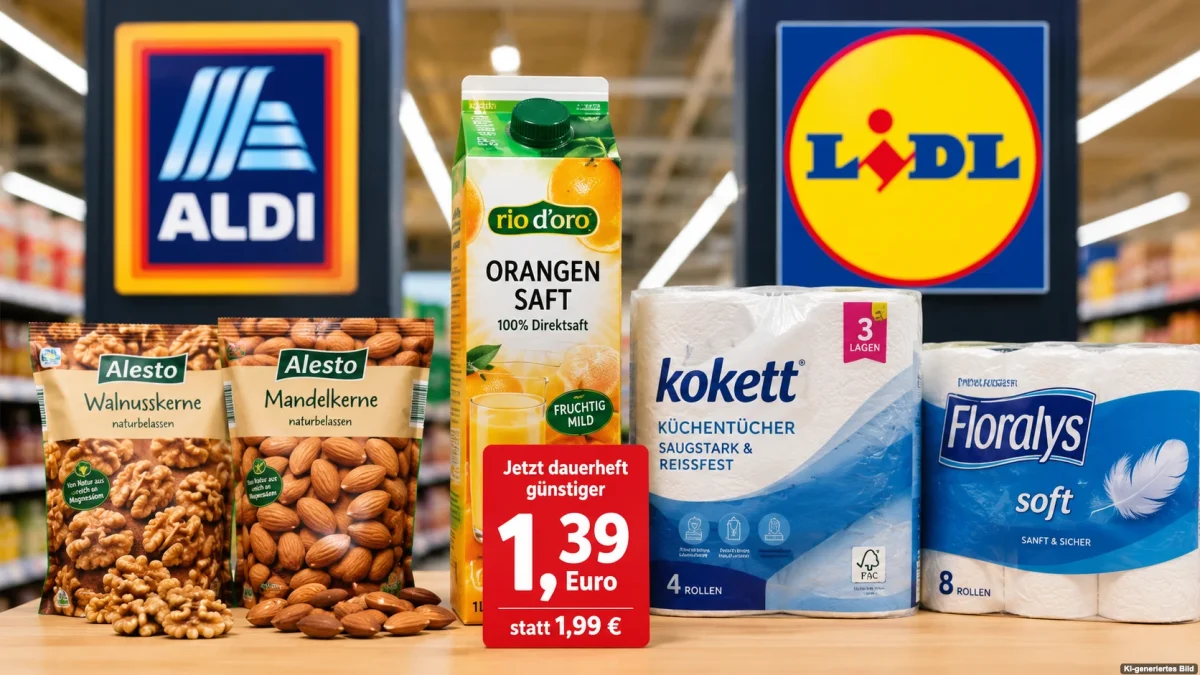 Orangensaft, Nüsse und Haushaltspapier in einem Discounter als Symbol für die Preissenkungen bei Aldi und Lidl