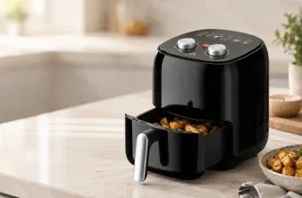 Schwarze Mini-Heißluftfritteuse mit zwei Drehreglern und herausgezogenem Garkorb in einer modernen Küche