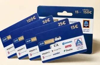 Blaue Gutscheinkarten als Symbol für den neuen ALDI-WÜNSCHE-Gutschein mit zahlreichen Einlösemöglichkeiten