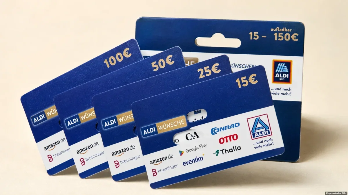 Blaue Gutscheinkarten als Symbol für den neuen ALDI-WÜNSCHE-Gutschein mit zahlreichen Einlösemöglichkeiten