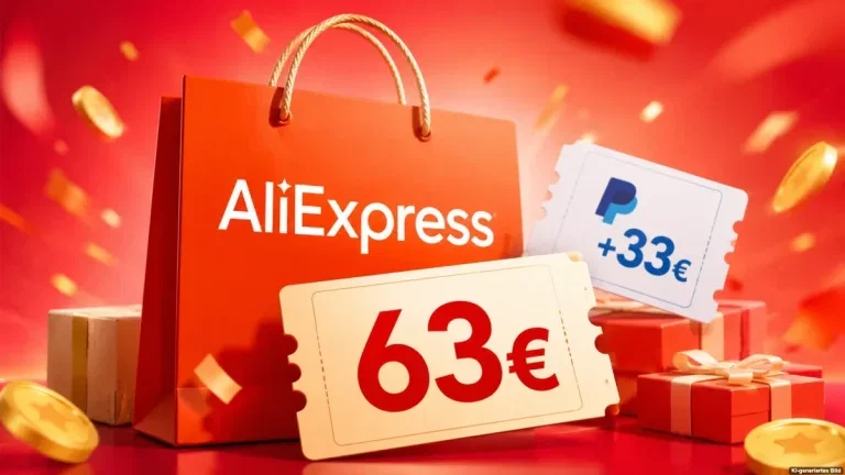 Rote Shoppingtasche mit Rabattcoupons und blauem Zahlungselement als Symbolbild zum AliExpress Local Day 2026