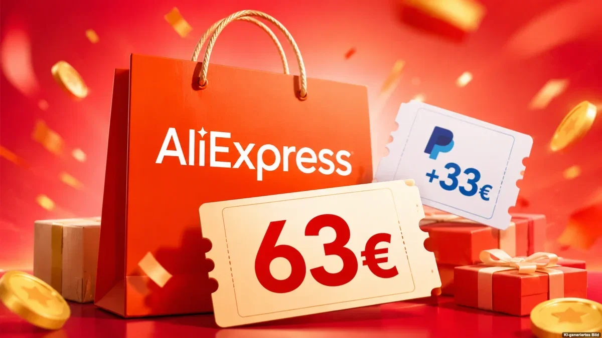 Rote Shoppingtasche mit Rabattcoupons und blauem Zahlungselement als Symbolbild zum AliExpress Local Day 2026