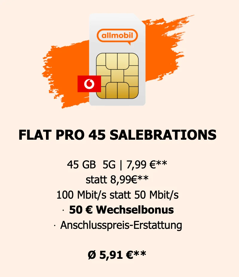 allmobil: 45GB 5G für effektiv 5,91 € monatlich im Vodafone Netz