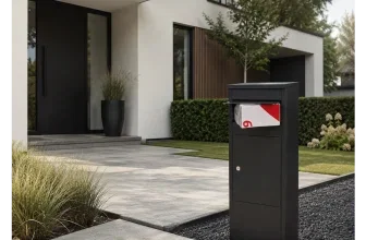 Schwarzer Allux Paketbriefkasten vor modernem Haus mit Brief im Schlitz