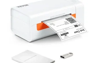 Weißer Vevor Etikettendrucker mit gedrucktem Versandlabel, USB-Stick und Bedienungsanleitung