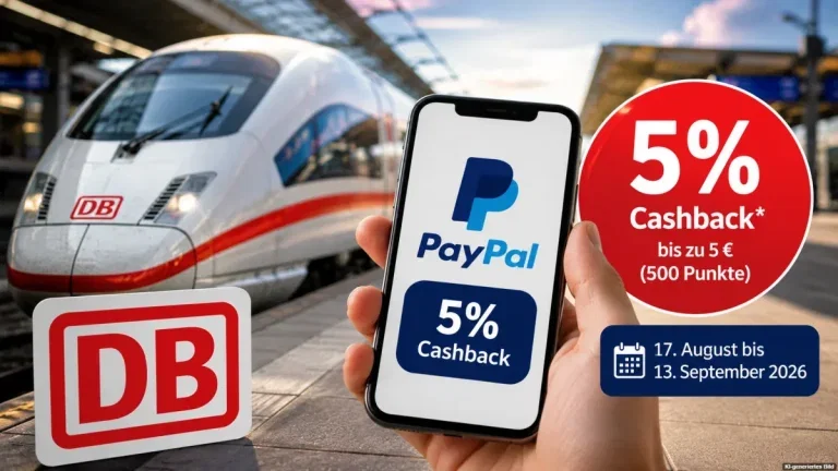 Reisender mit Smartphone vor einem Zug der Deutschen Bahn als Symbol für die PayPal-Cashback-Aktion