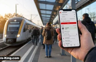 Pendler mit Smartphone am Bahnhof vor einer Regionalbahn zum Thema Deutschlandticket 2027