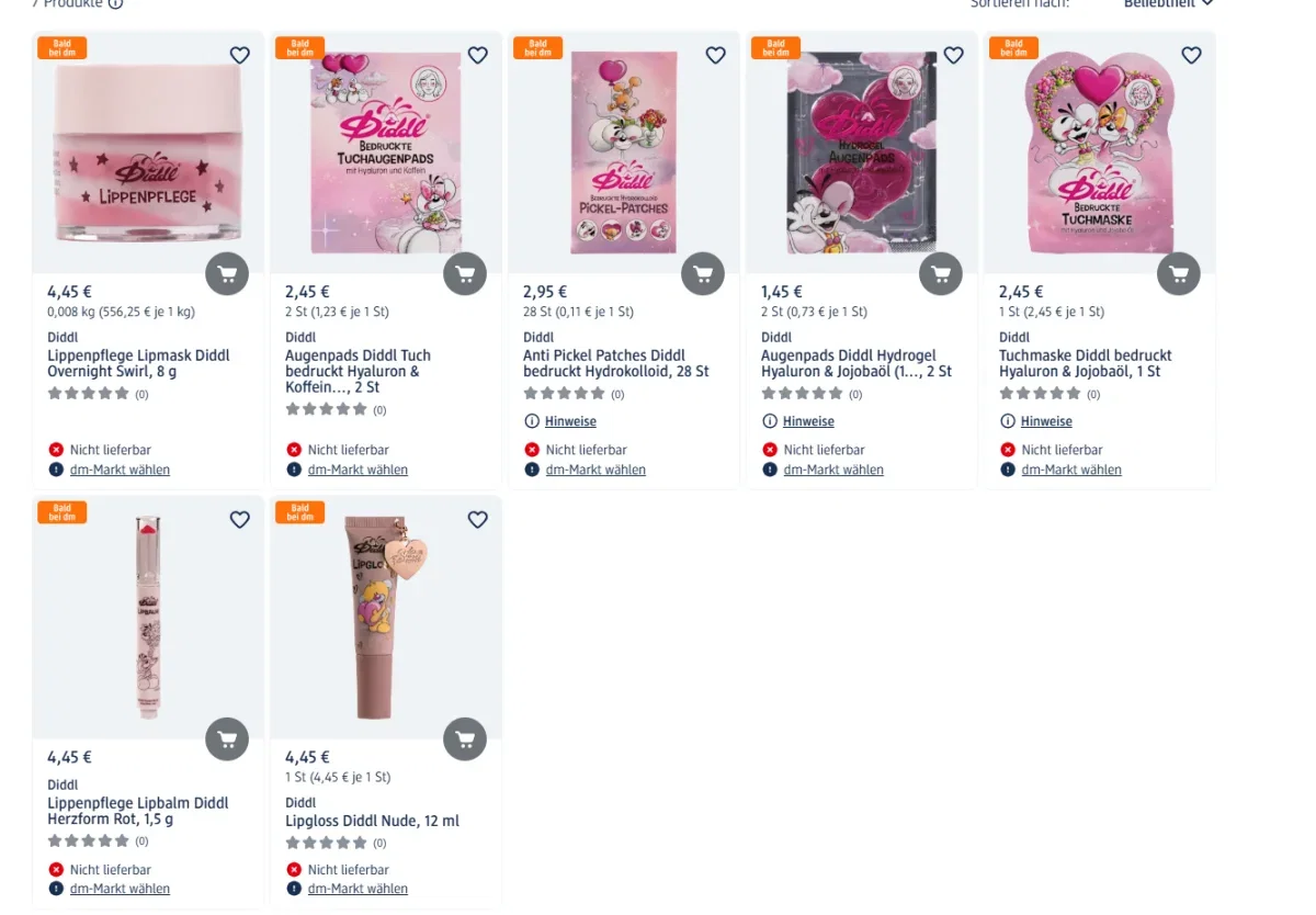 Screenshot des dm-Onlineshops mit sieben Diddl Beauty-Produkten und Preisen zwischen 1,45 und 4,45 Euro