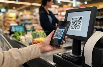 Digitaler Kassenbon per QR-Code auf einem Kassendisplay im Supermarkt