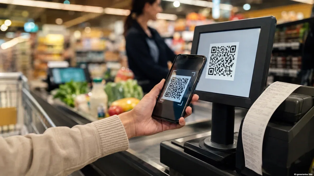 Digitaler Kassenbon per QR-Code auf einem Kassendisplay im Supermarkt