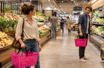 Pinke Einkaufskörbe im Supermarkt als Flirtkorb für Singles