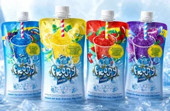 Vier vom Rückruf betroffene Frosty Pocket Slush-Eis-Beutel in verschiedenen Geschmacksrichtungen