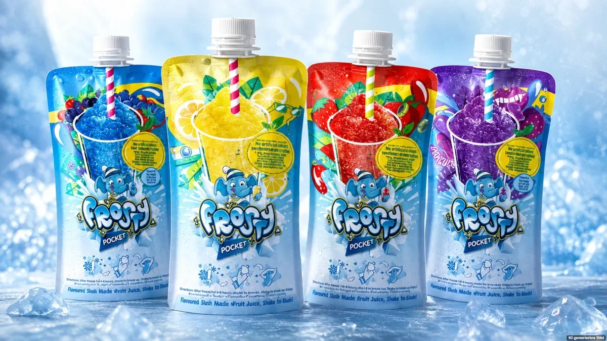 Vier vom Rückruf betroffene Frosty Pocket Slush-Eis-Beutel in verschiedenen Geschmacksrichtungen