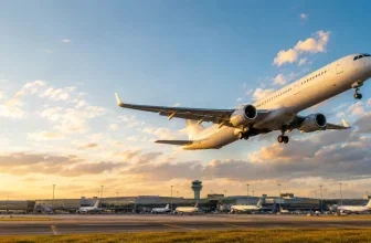 Passagierflugzeug hebt bei Sonnenuntergang vom Flughafen ab, im Hintergrund Terminal und weitere Maschinen