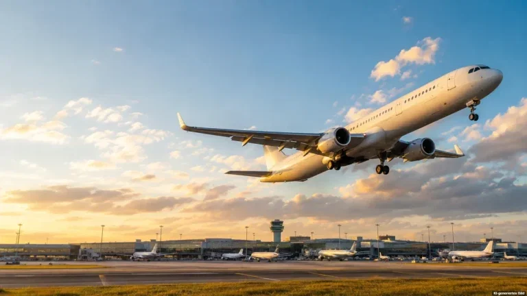 Passagierflugzeug hebt bei Sonnenuntergang vom Flughafen ab, im Hintergrund Terminal und weitere Maschinen