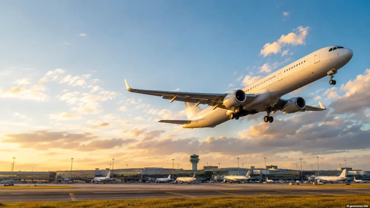 Passagierflugzeug hebt bei Sonnenuntergang vom Flughafen ab, im Hintergrund Terminal und weitere Maschinen