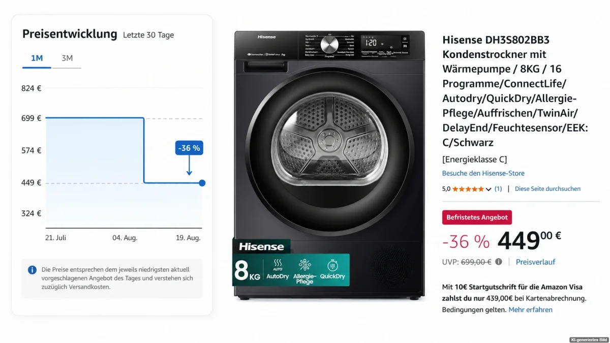 Hisense DH3S802BB3 Wärmepumpentrockner mit Amazon Preisverlauf und Angebot für 449 Euro