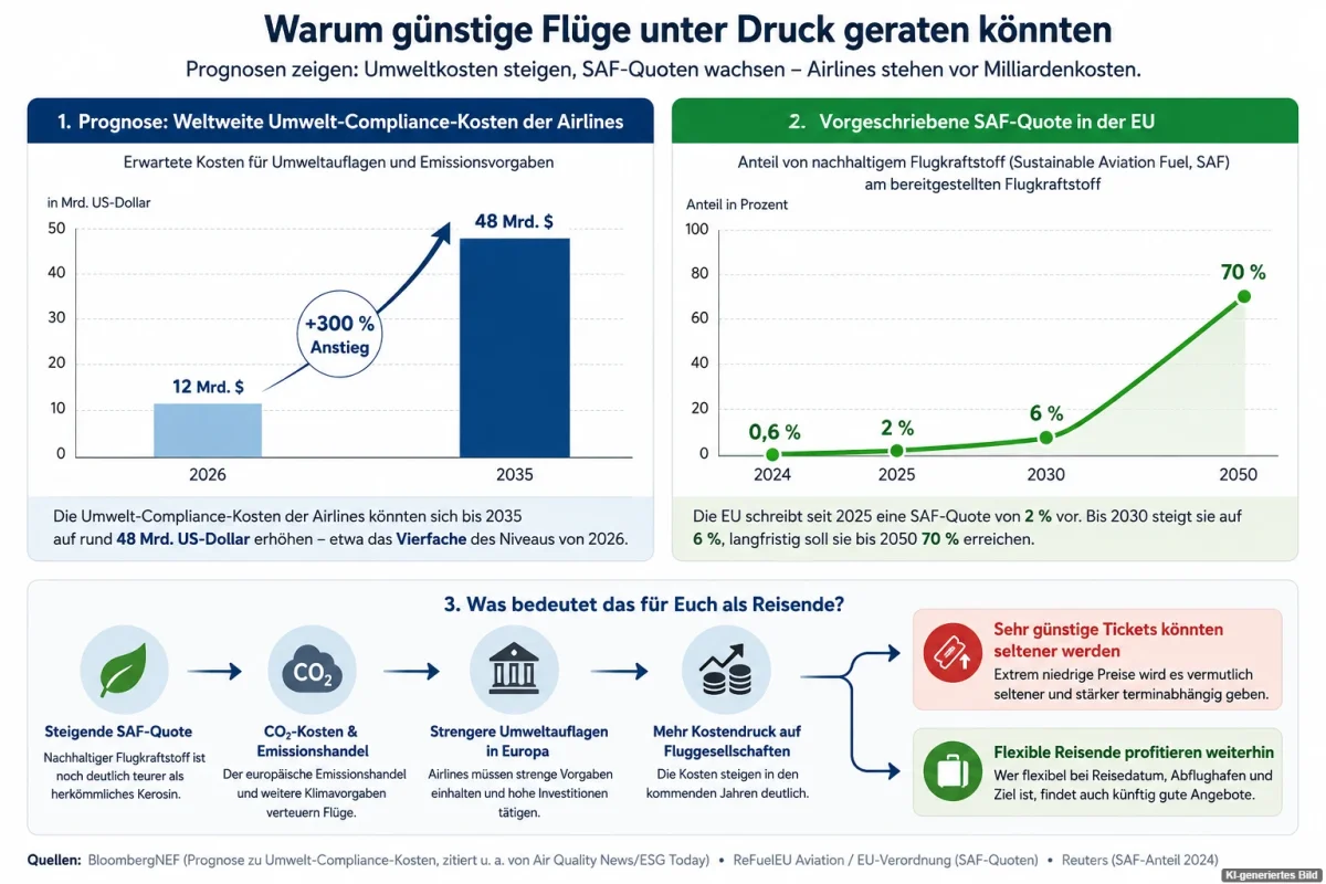 Infografik zur Prognose steigender Umwelt-Compliance-Kosten für Airlines und zur Entwicklung der SAF-Quote in der EU bis 2050