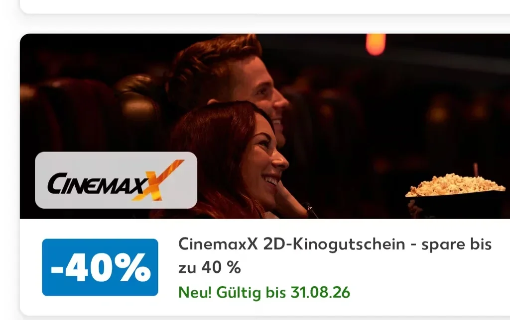 Screenshot aus der Kaufland-App mit CinemaxX-2D-Kinogutschein, bis zu 40 Prozent Rabatt und Gültigkeit bis 31. August 2026