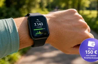 Smartwatch zeigt rund 7.143 Schritte während eines Spaziergangs – einige Krankenkassen belohnen Bewegung mit Bonuspunkten