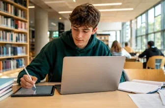 Student arbeitet mit Laptop und Tablet in einer Bibliothek