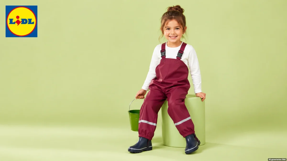 Lupilu Matschhose Kind in Matschhose passend zum Lidl-Angebot der Lupilu Matsch- und Buddelhose für 4,99 Euro mit Lidl Plus