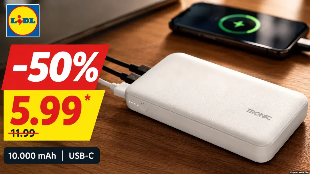 TRONIC Powerbank mit 10.000 mAh und USB-C auf einem Holztisch