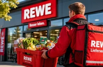Symbolbild: Kurier mit Lebensmitteleinkauf vor einem Supermarkt zum REWE-Schnellliefer-Test
