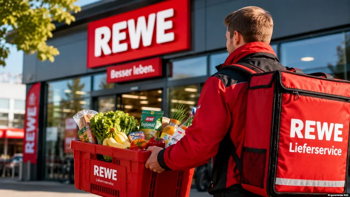 Symbolbild: Kurier mit Lebensmitteleinkauf vor einem Supermarkt zum REWE-Schnellliefer-Test