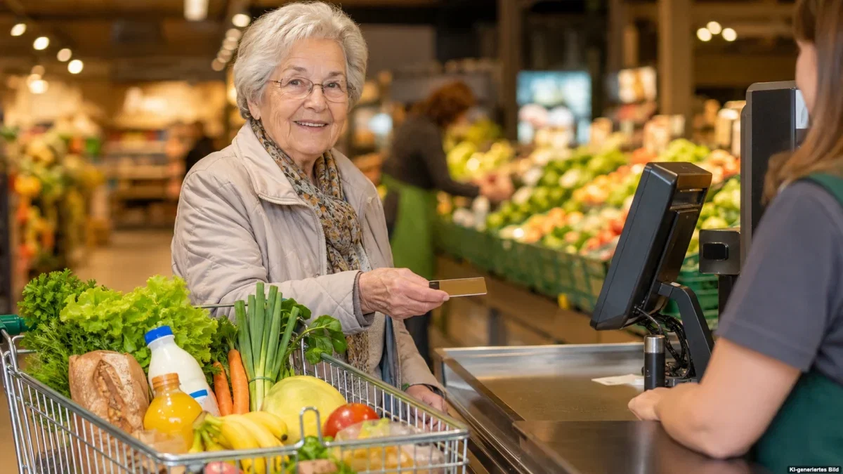 Seniorin mit Einkaufswagen an der Supermarktkasse beim Bezahlen